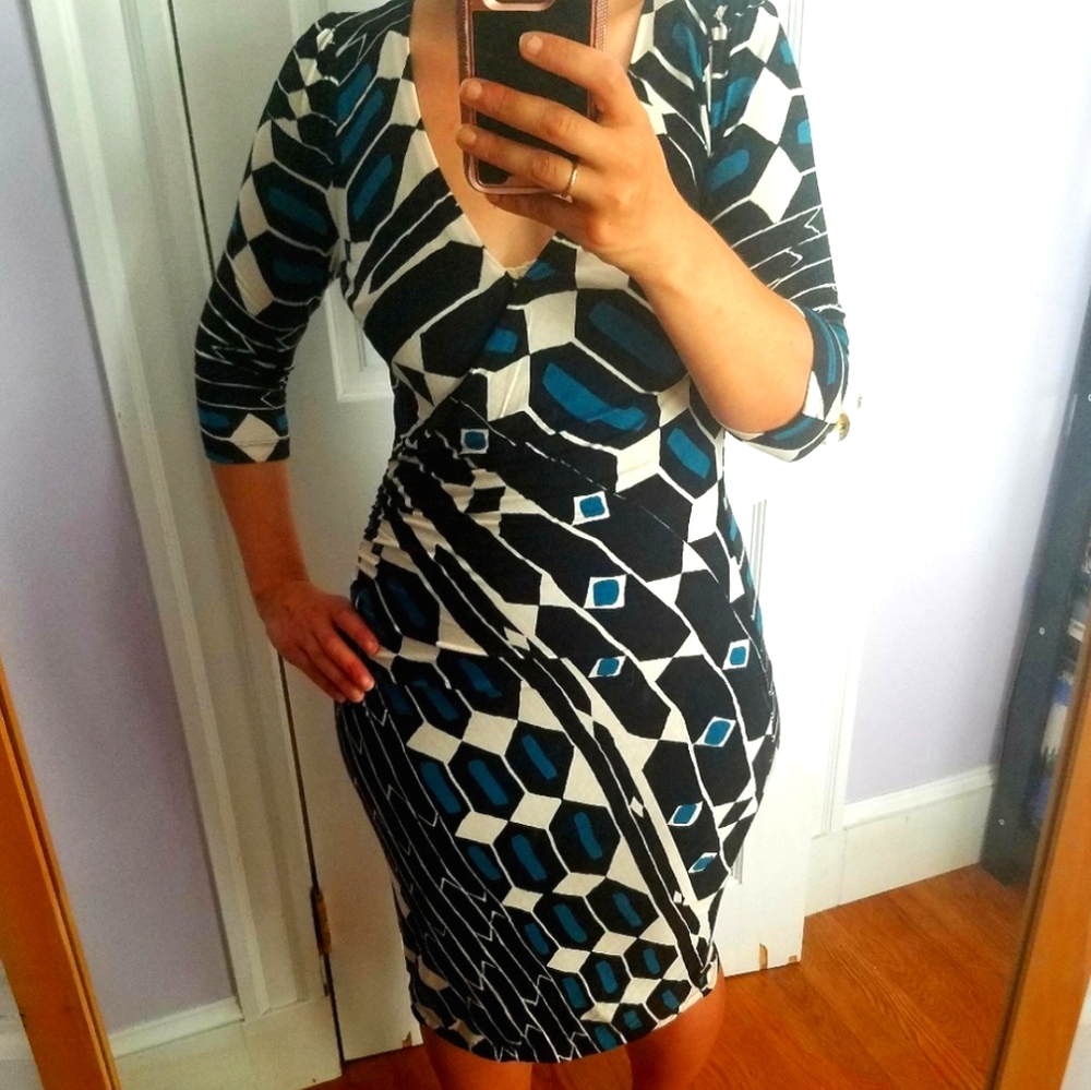 Plenty by Tracy Reese Megan Cobalt, Black, and White Pattern Faux Wrap Dress